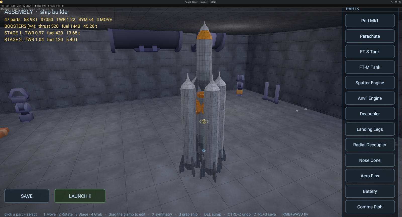 The Floptle ship builder: a multi-stage rocket under construction with a parts palette of pods, tanks, and engines