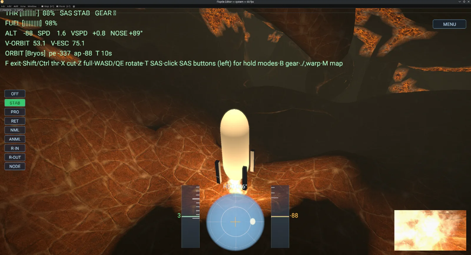 A ship inside a glowing molten cavern carved into a planet