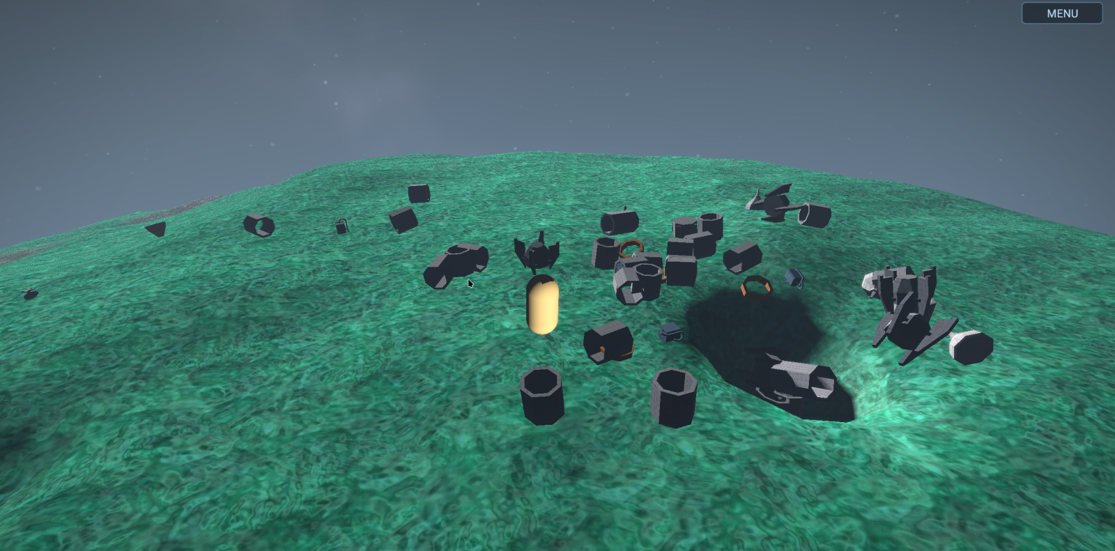 Wreckage from a crashed craft scattered across a glowing green planet surface