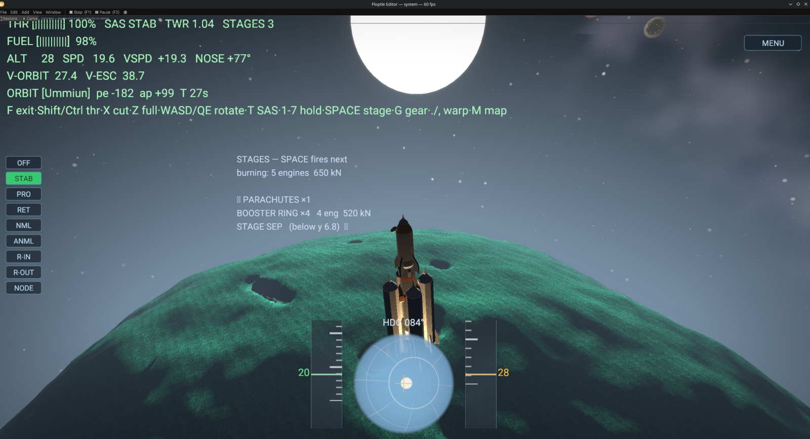 A rocket ascending over a green planet with a flight HUD showing throttle, altitude, and a navball