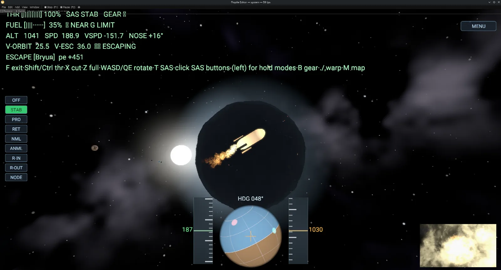 A ship on an escape trajectory from a planet, with an orbit HUD and navball