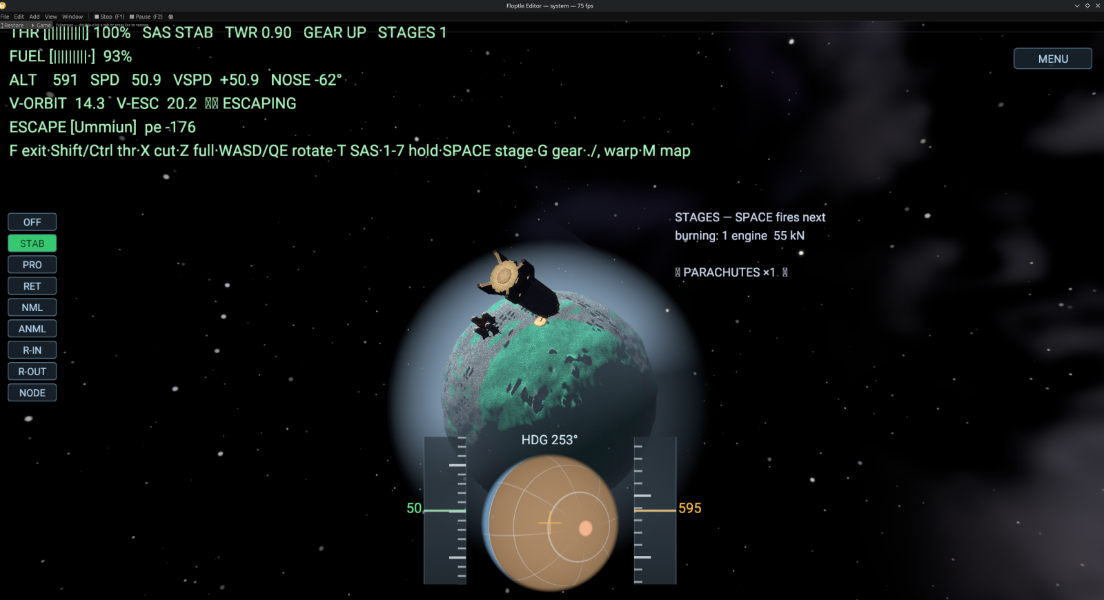 A craft on an escape trajectory in space above a small planet, with orbital velocity readouts and a navball