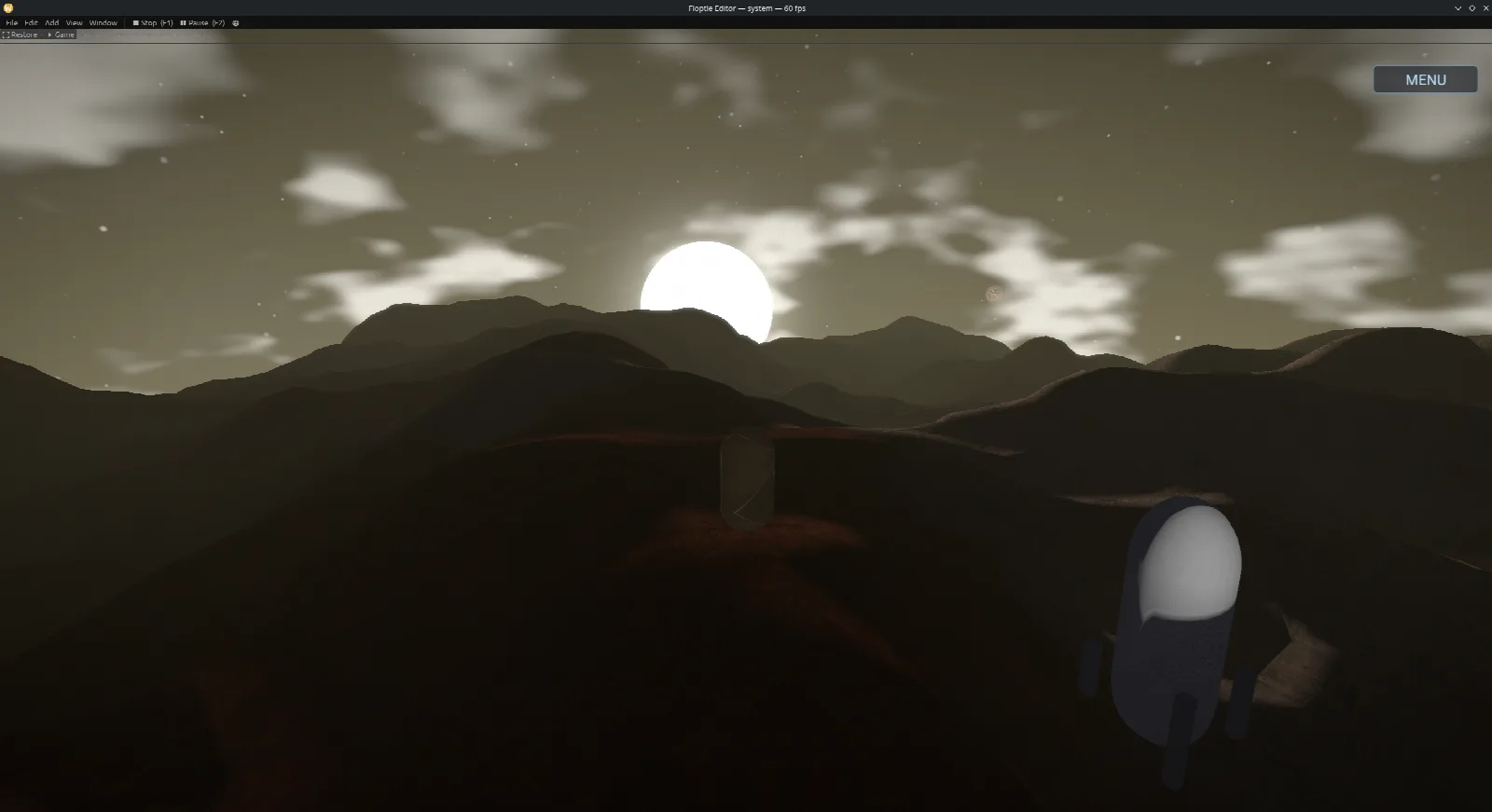 An astronaut standing on a hilly planet surface at sunset