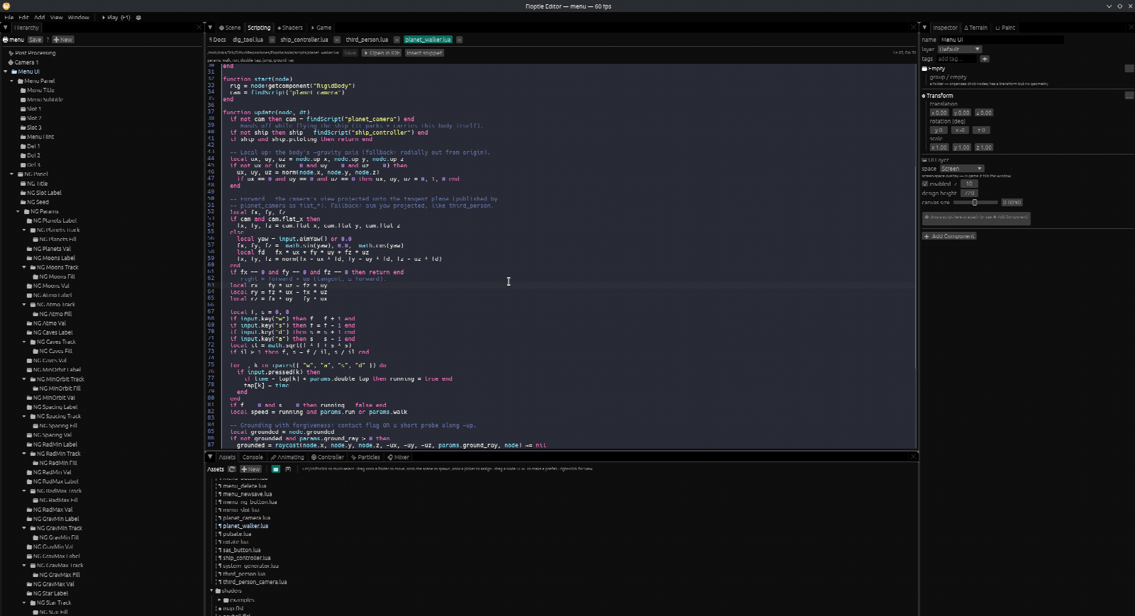 Floptle's in-editor Lua script editor showing a planet_walker script with update logic, alongside the project's script assets