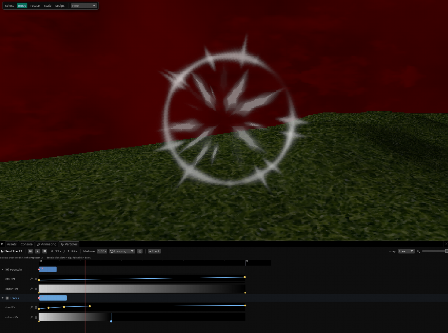 Floptle's timeline-based particle editor with tracks, clips, and size and colour automation lanes below a bright particle burst