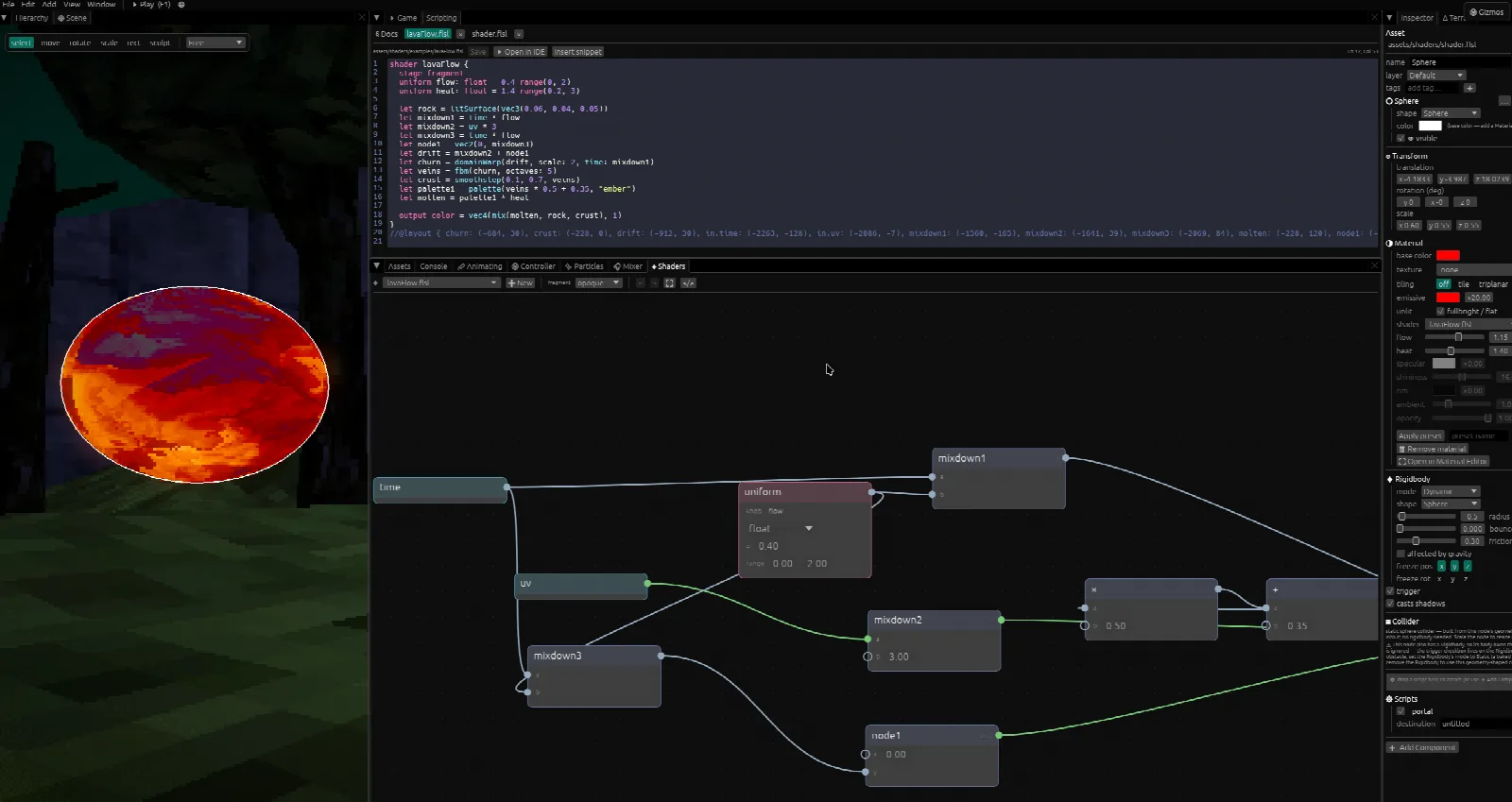 Floptle's node-graph shader editor with a live molten-sphere preview