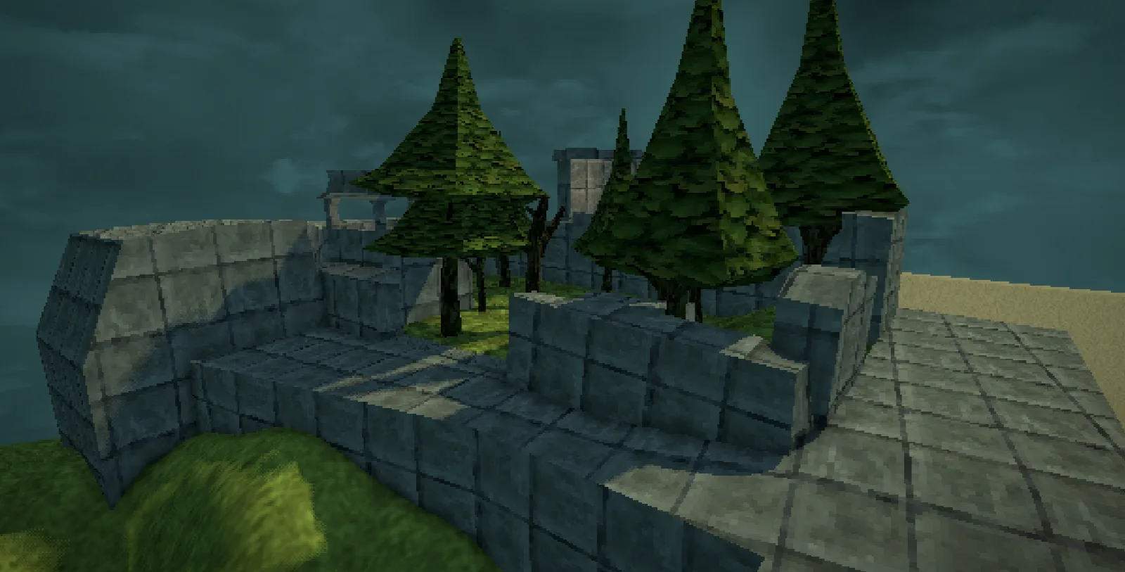 A stone ruin among hand-painted pines, rendered in Floptle's retro low-resolution mode