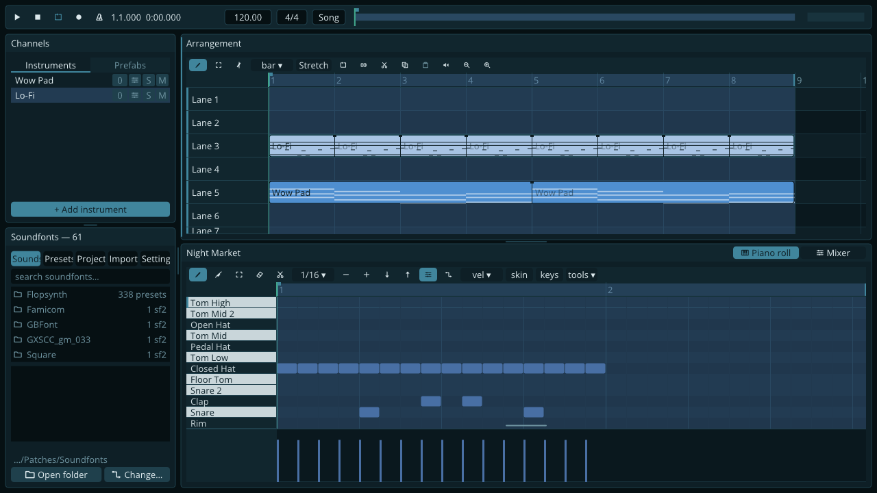 The same studio with a drum-kit clip open in the piano roll, its keys labelled Closed Hat, Snare, Clap, Tom Low and the rest of the kit