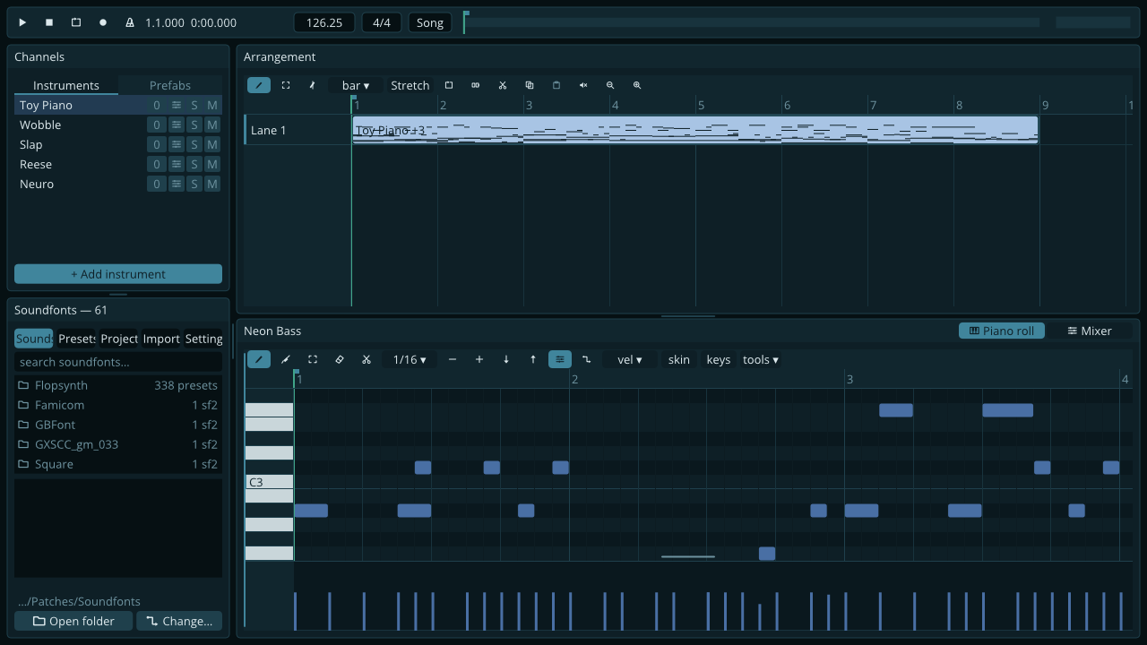The Fontelle studio: a channel rack and soundfont browser on the left, the arrangement above, and the piano roll below with a Flopsynth part open