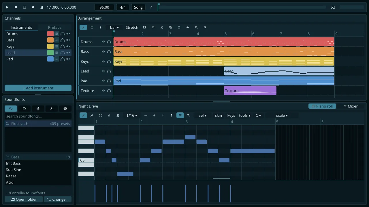 Fontelle's studio view with tracks and a timeline