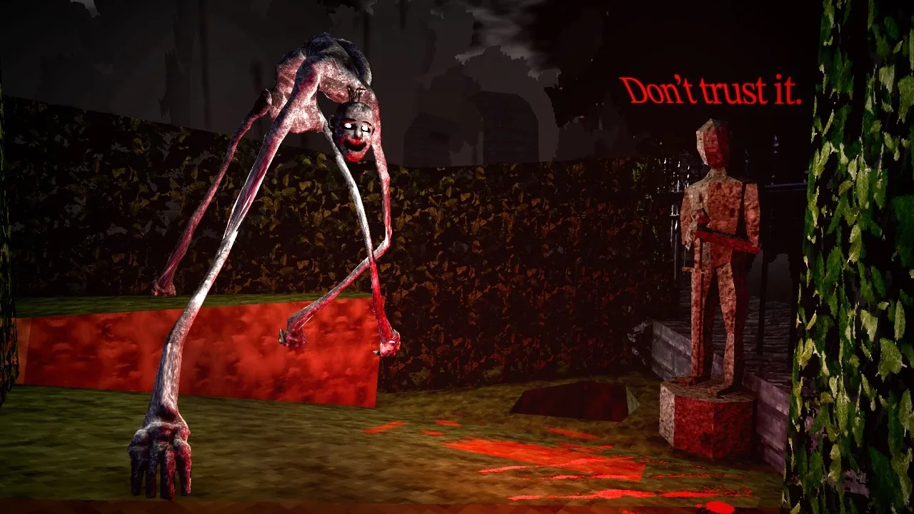 A tall pale creature on impossibly long limbs crouches over a red altar in an overgrown garden, beside a low-poly wooden mannequin, with the words "Don't trust it." in red