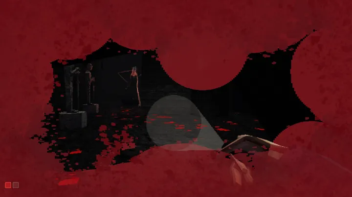 A torn black frame over a blood-red wash, opening onto a dark chamber where statues stand around a lone figure, with the player's torchlight and hand at the edge