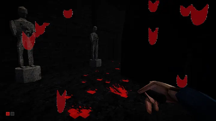 A near-black stone chamber with two statues on plinths, red petal shapes drifting in the air and scattered across the floor, the player's hand reaching into frame