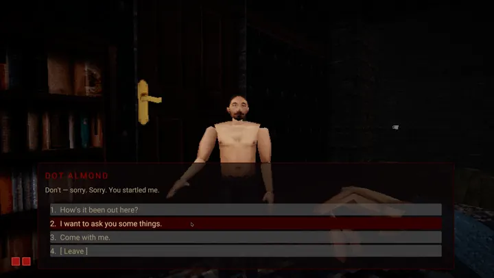 A conversation with a character named Dot Almond in a dim panelled room, with four numbered dialogue replies including "I want to ask you some things" and "Come with me"