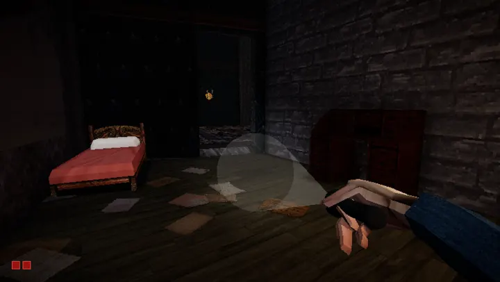A dim stone-walled bedroom with a wooden bed and red blanket, loose papers on the floorboards, lit by the player's torch