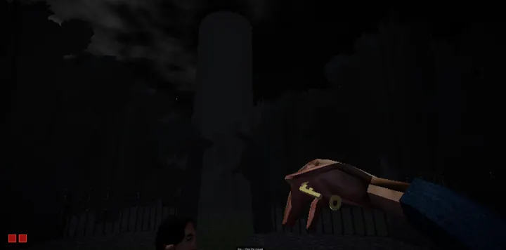 Outside at night: a pale stone monolith among bare trees behind a fence, the player's gloved hand holding a small key