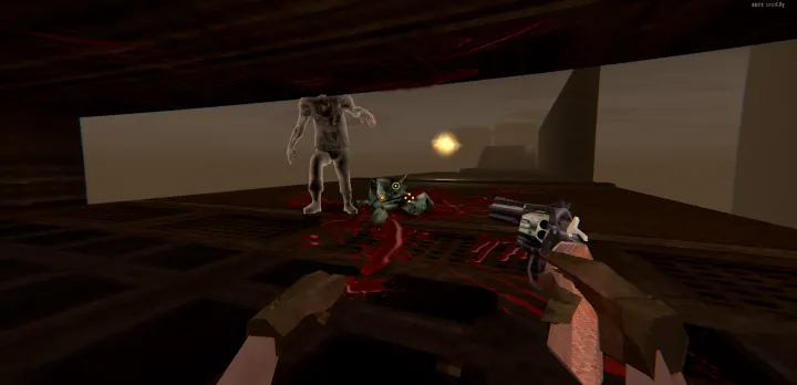 Under a low roof, a headless zombie stands over a bloodied body while a muzzle flash lights the dusty street beyond