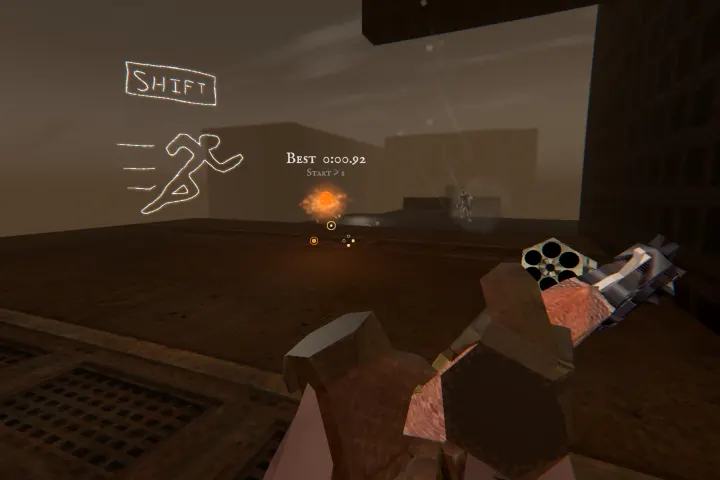A glowing chalk sign on a wall shows a running figure and the word SHIFT, above a rooftop course with the timer reading Best 0:00.92