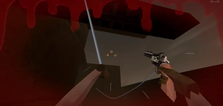 Mid-swing on the grapple claw between buildings, the cable taut, the screen edged in dripping red damage