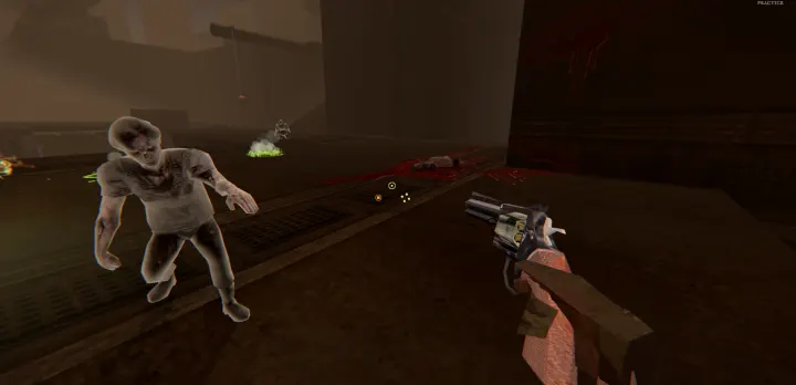 A pale zombie shambles along a grated rooftop in brown desert haze, a body in a pool of blood behind it, the player's revolver raised
