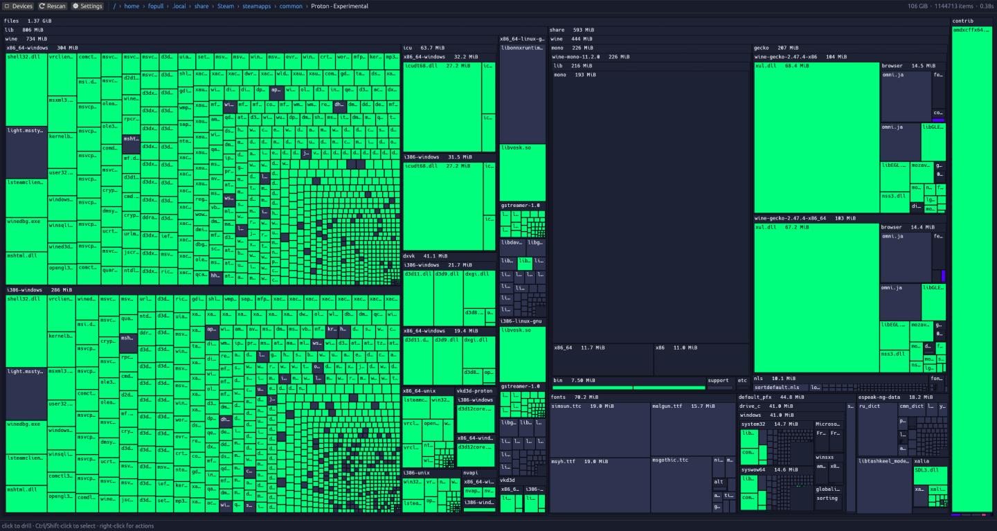 Storage Sifter drilled several folders deep into a Steam Proton directory, the treemap re-tiled around that subtree
