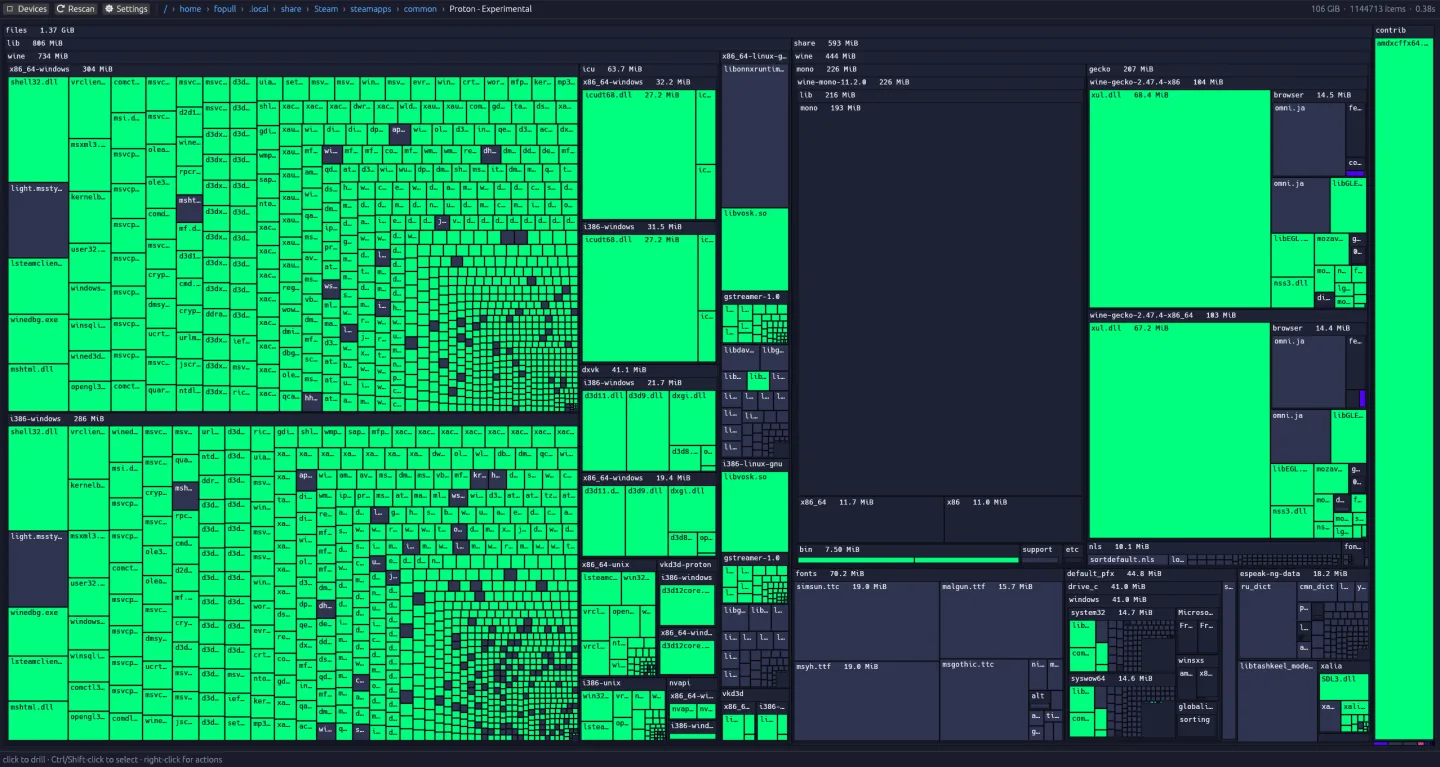 Storage Sifter drilled several folders deep, the treemap re-tiled around that subtree
