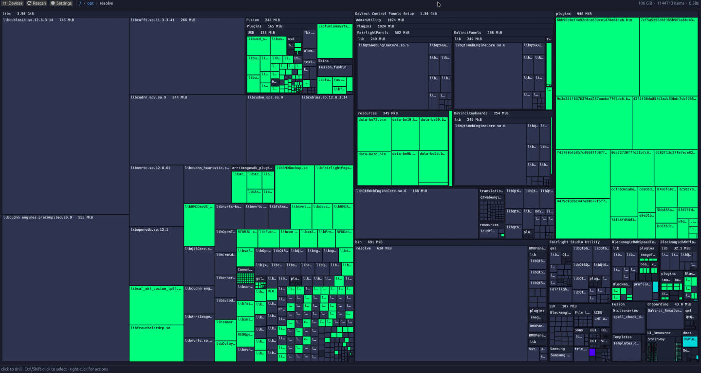 Storage Sifter drawing a Linux filesystem as a color-coded squarified disk-usage treemap