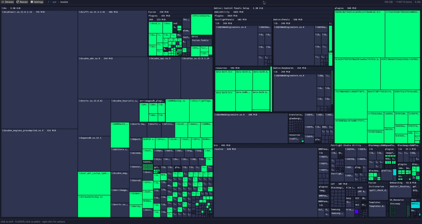 Storage Sifter showing a Linux filesystem as a colour-coded disk-usage treemap