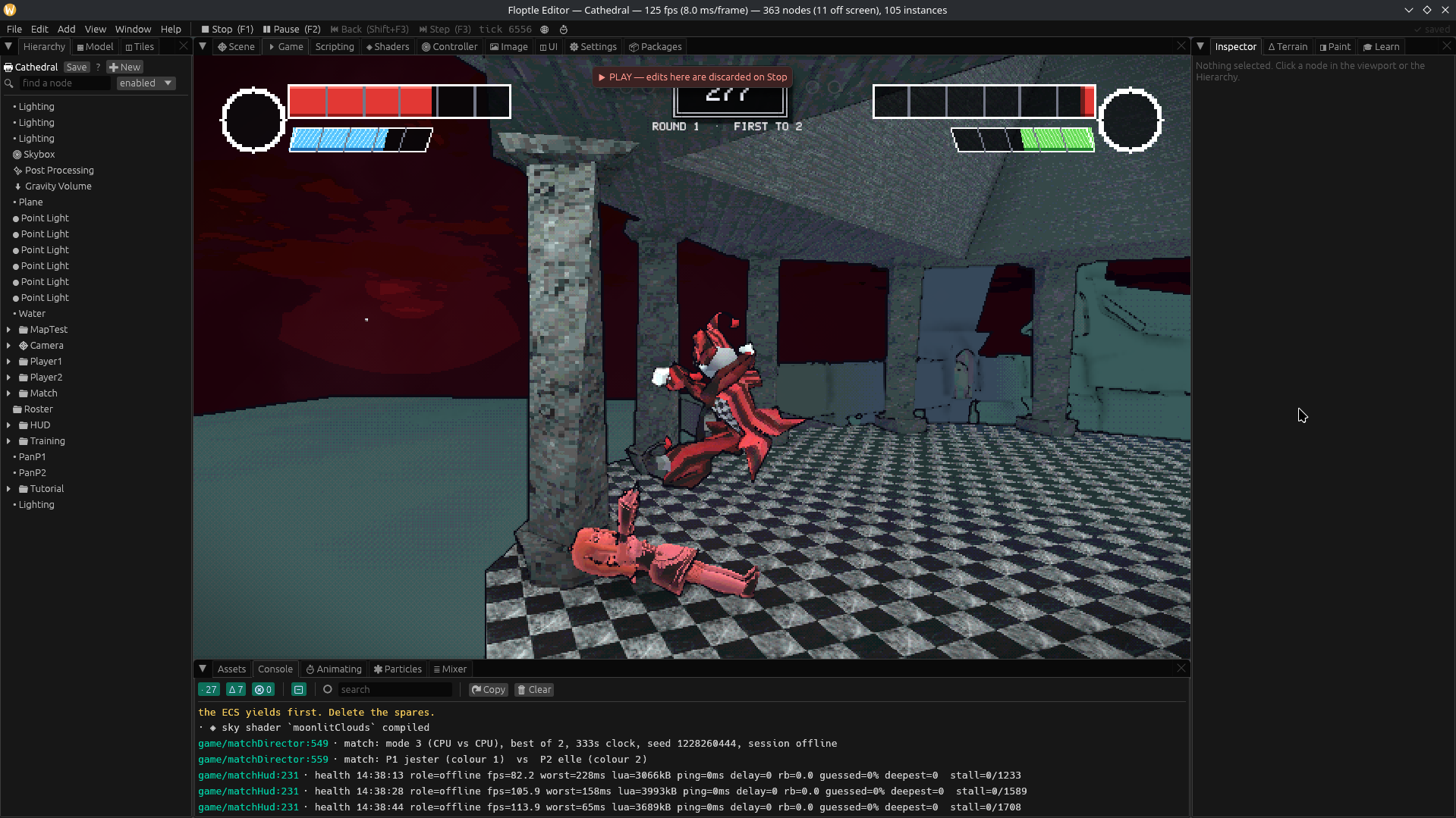 A Floptle editor Play session running a fighting game round: two low-poly fighters in a cathedral stage with health bars and a round timer, and a console below printing per-second netcode telemetry lines