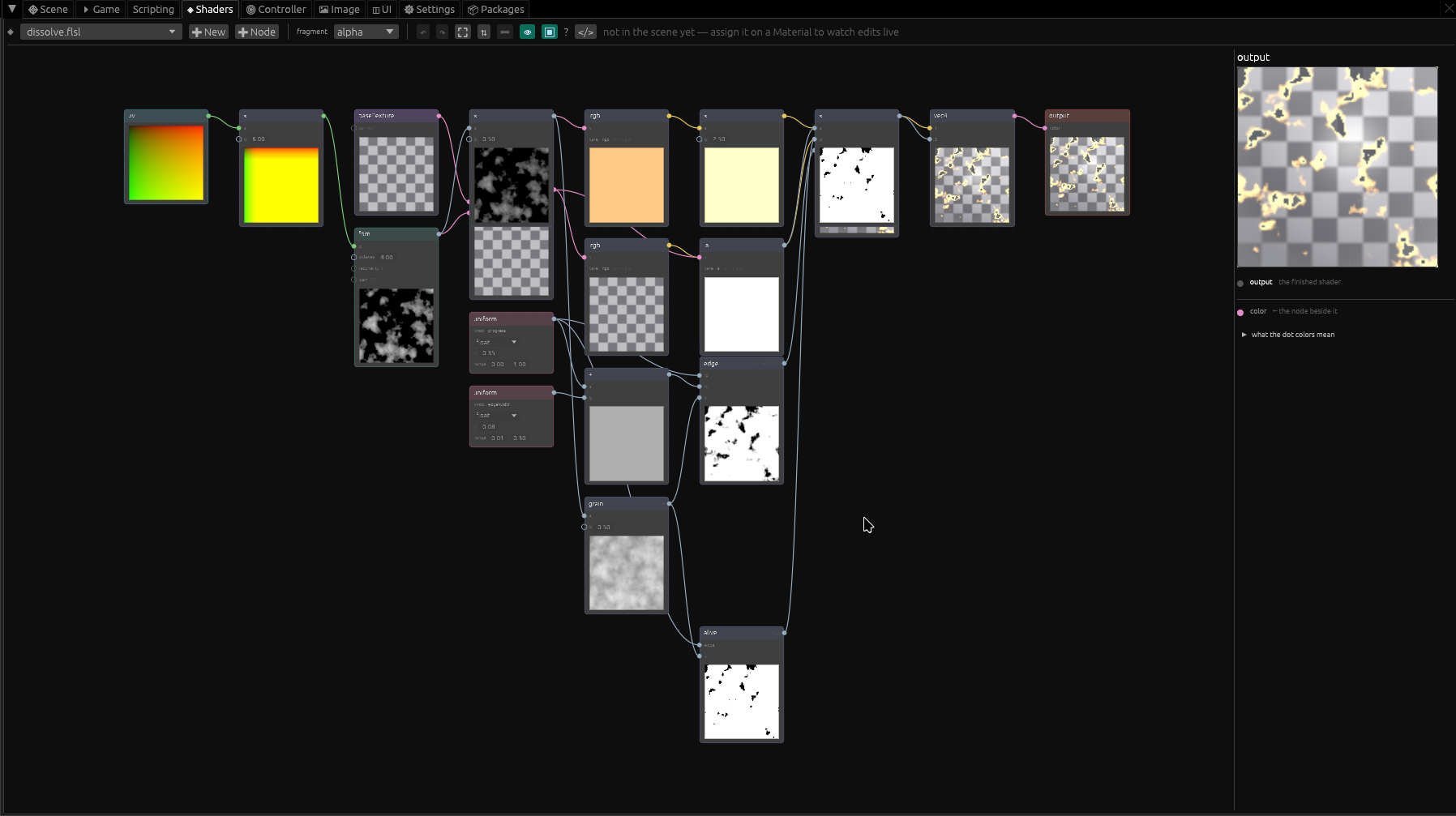 Floptle's node-graph shader editor with .flsl source, connected nodes, and a live molten-sphere preview
